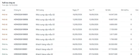 Báo cáo tuổi nợ phải thu, phải trả trong TUFOM ACC (dữ liệu mẫu)