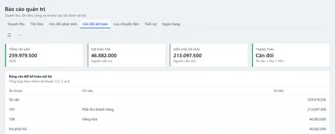 Bảng cân đối kế toán nội bộ trong TUFOM ACC (dữ liệu mẫu)