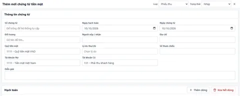 Form lập chứng từ tiền mặt với tài khoản Nợ, Có trong TUFOM ACC