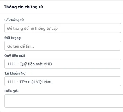 Form lập phiếu thu với quỹ tiền và tài khoản Nợ, Có