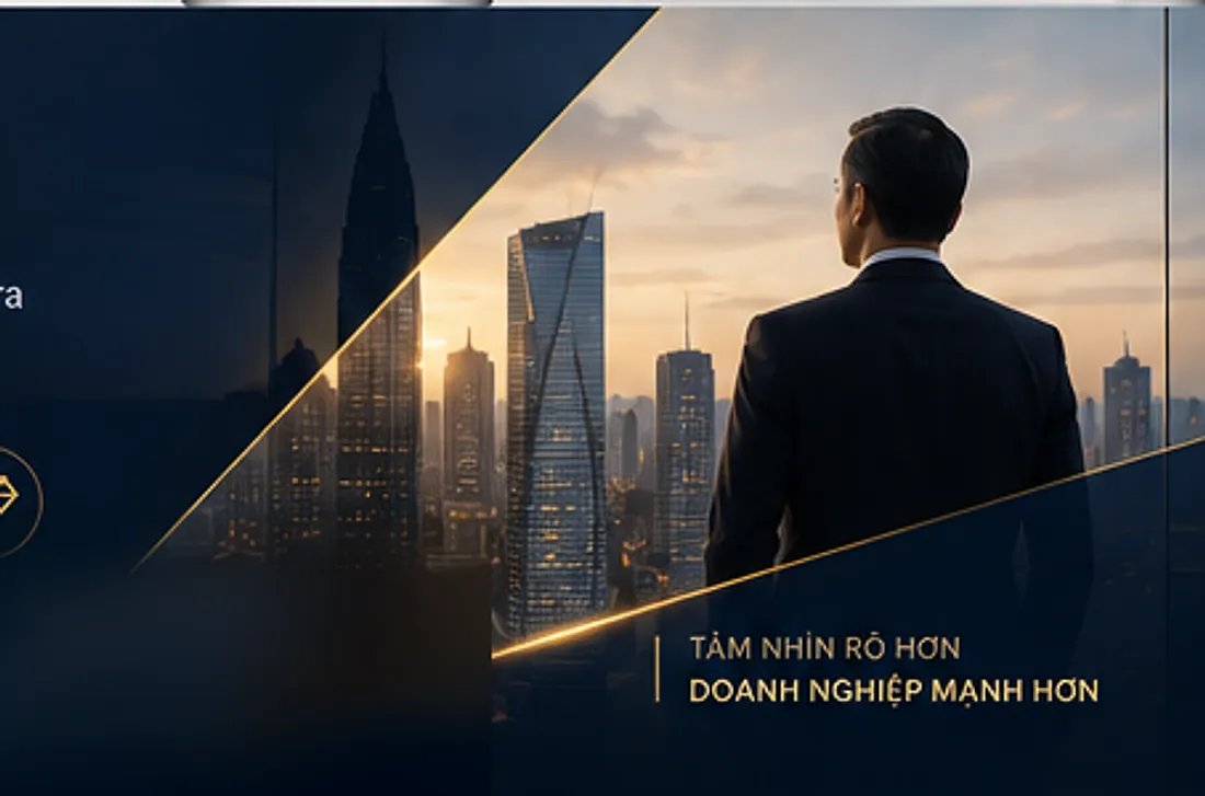 Minh hoạ người điều hành nhìn ra toàn cảnh thành phố lúc bình minh