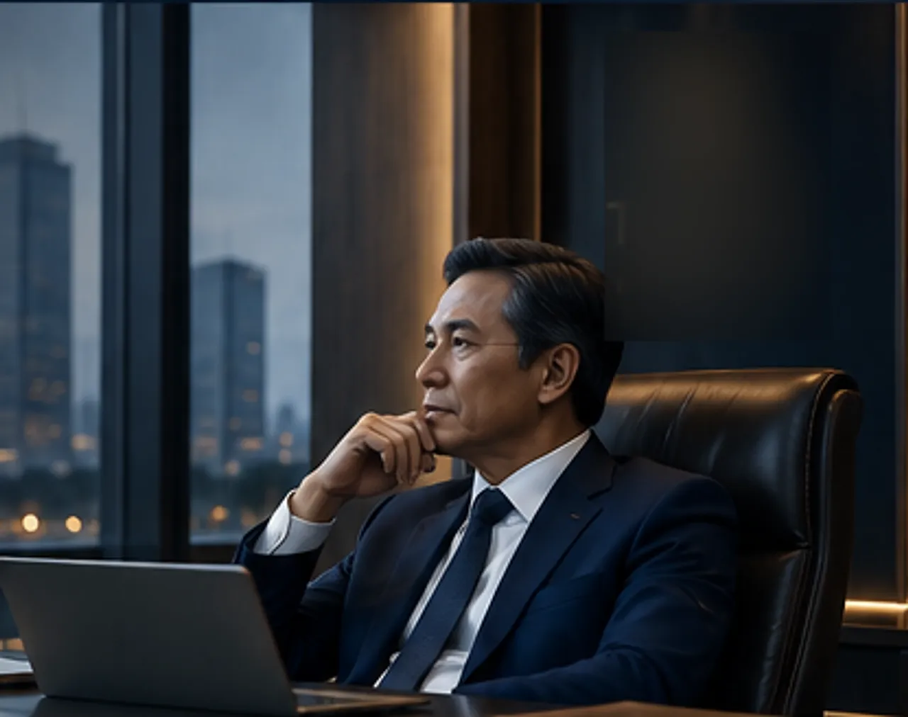 Minh hoạ người điều hành doanh nghiệp suy nghĩ bên bàn làm việc trong văn phòng nhìn ra thành phố