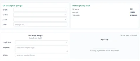 Khối dự toán và phê duyệt báo giá trong TUFOM CRM (dữ liệu mẫu)