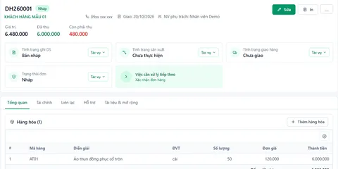 Chi tiết đơn hàng với số đã thu, còn phải thu và các trạng thái trong TUFOM CRM (dữ liệu mẫu)