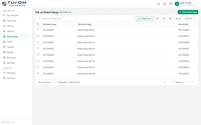 Danh sách khách hàng trong TUFOM CRM (dữ liệu mẫu)