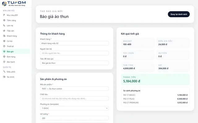 Tạo báo giá và kết quả tính giá, so sánh phương án trong TUFOM CRM (dữ liệu mẫu)
