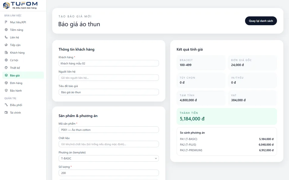 Màn hình tạo báo giá với kết quả tính giá và so sánh phương án trong TUFOM CRM (dữ liệu mẫu)