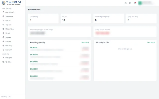 Bàn làm việc TUFOM CRM — khách hàng, cơ hội, đơn hàng (dữ liệu demo)