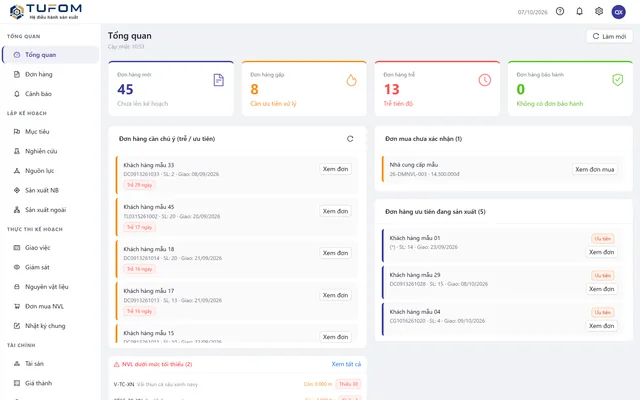 Màn hình Tổng quan TUFOM Sản Xuất OS — đơn hàng mới, gấp, trễ (dữ liệu demo)