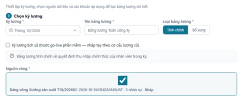 Màn hình tạo bảng lương chọn nguồn công trong TUFOM HRM (dữ liệu mẫu)